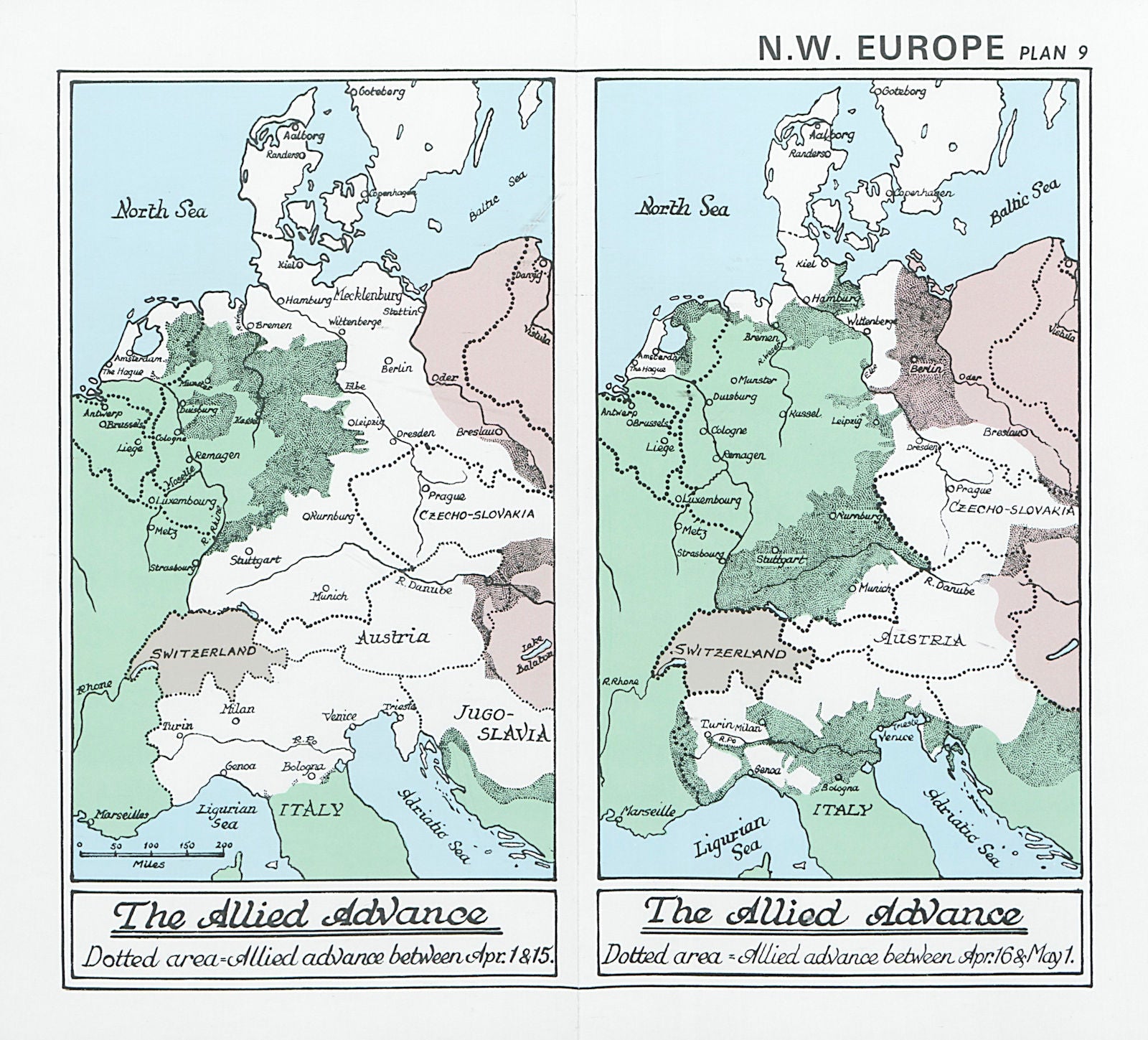 The Allied advance, April 1945. Defeat of Germany. World War Two 1994 old map